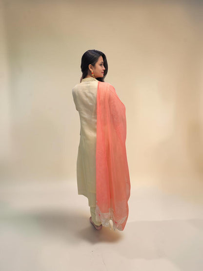 Backside of Designer A-line kurta set in Mul Chanderi fabric for women