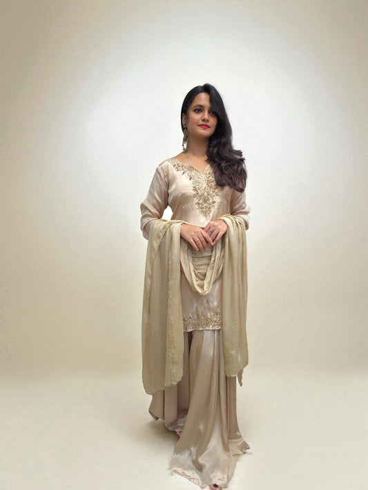 Beige pure crepe silk zardozi handwork kurta palazzo set with dupatta
