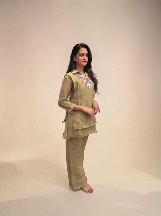 Beige embroidered three piece ethnic co ord set for women