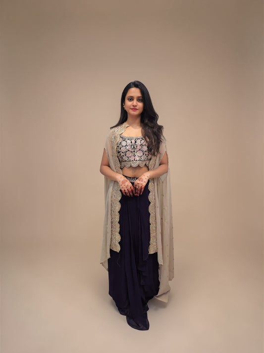 Beige purple heavy handwork crop top dhoti skirt under 3000