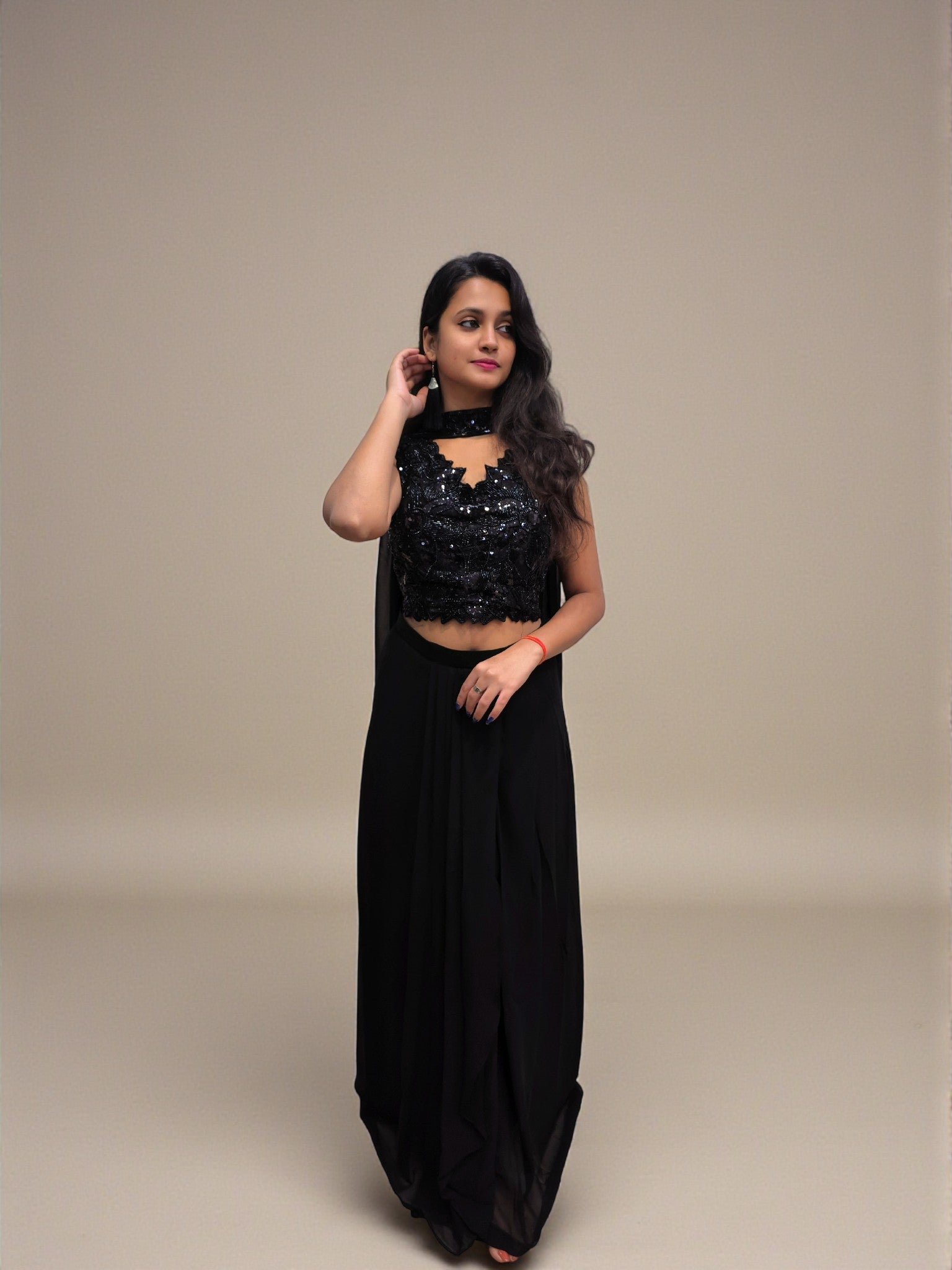 Black crop top dhoti skirt with choker dupatta front view