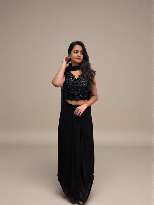 Black crop top dhoti skirt with choker dupatta front view