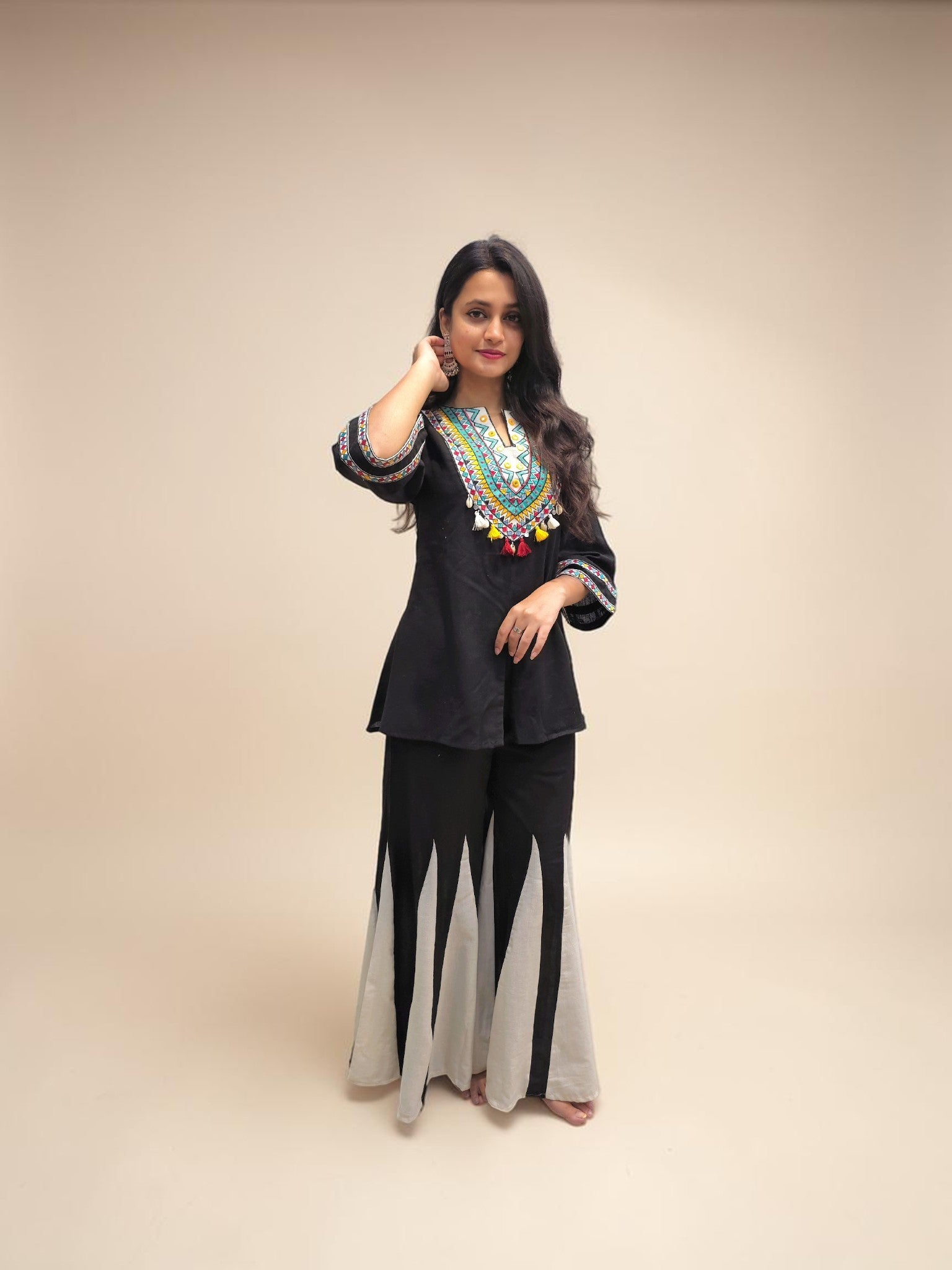 Black embroidered cord set with flared palazzo pants for women