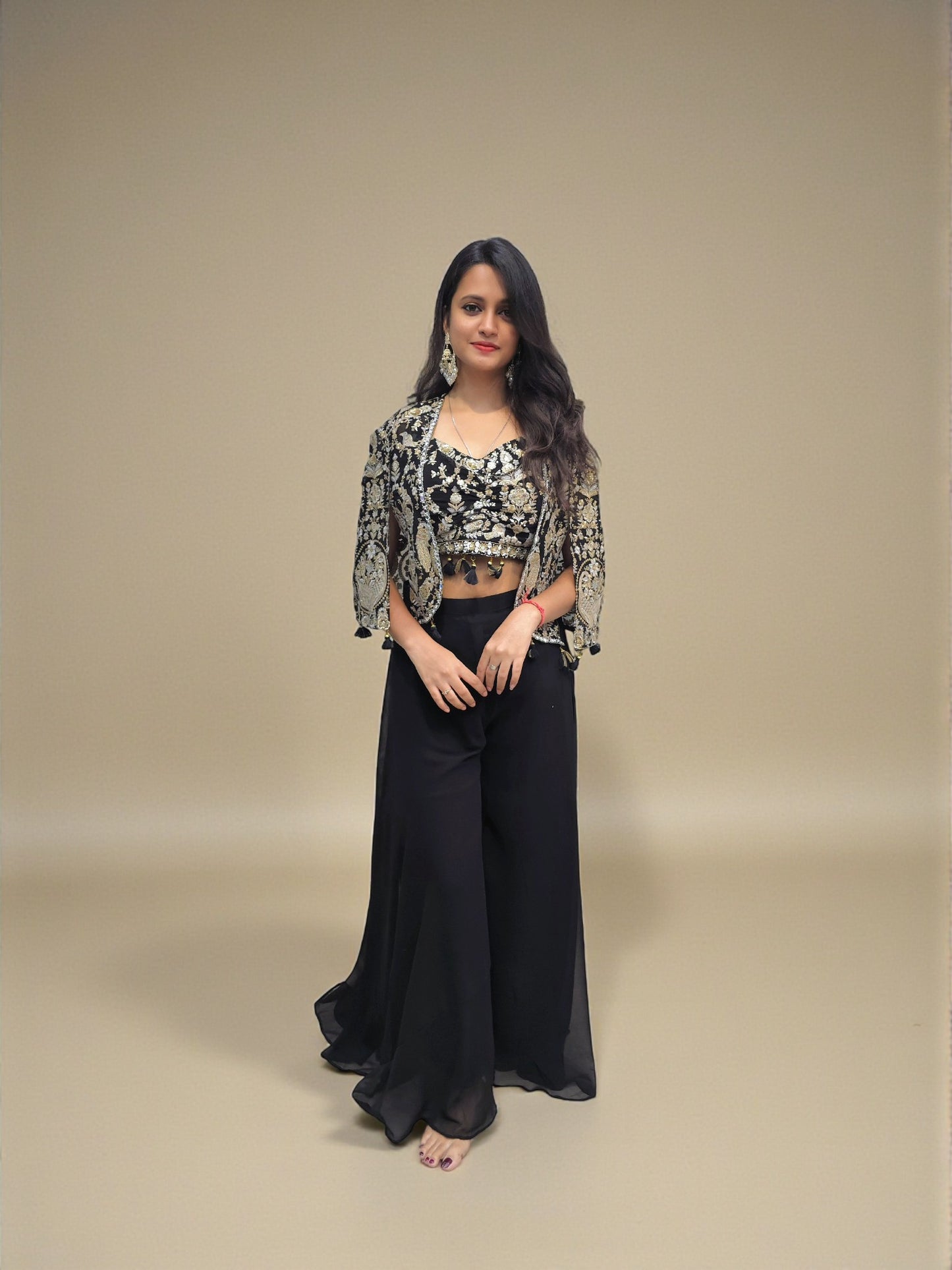 Black embroidered crop top palazzo with short shrug