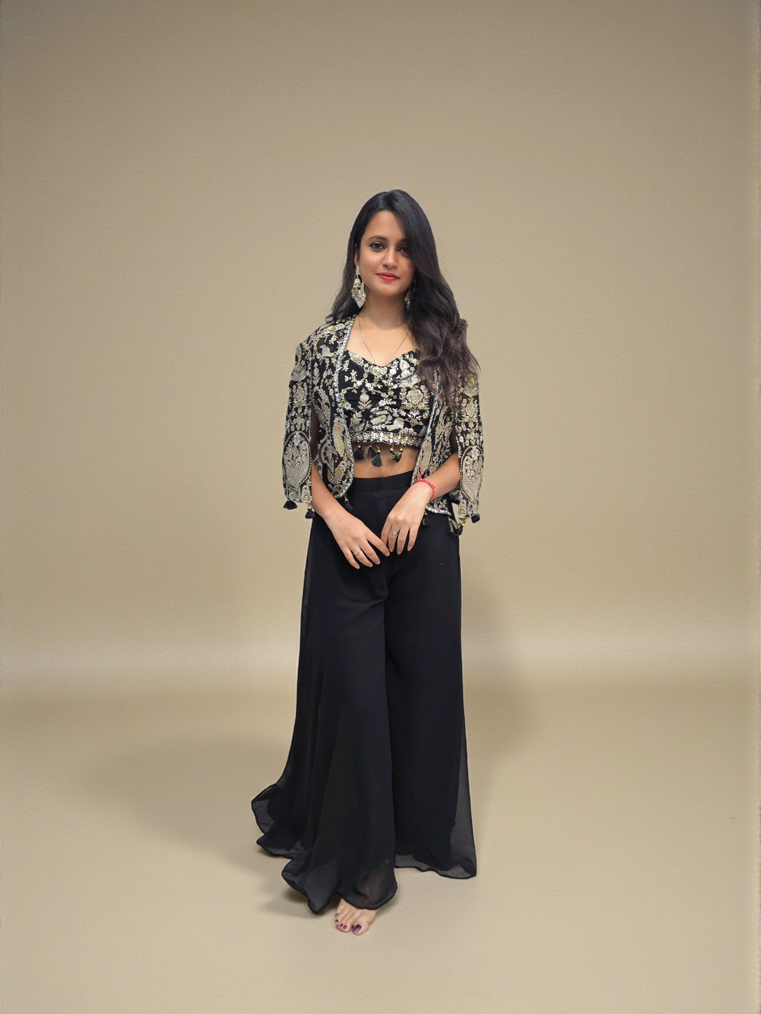 Black embroidered crop top palazzo with short shrug