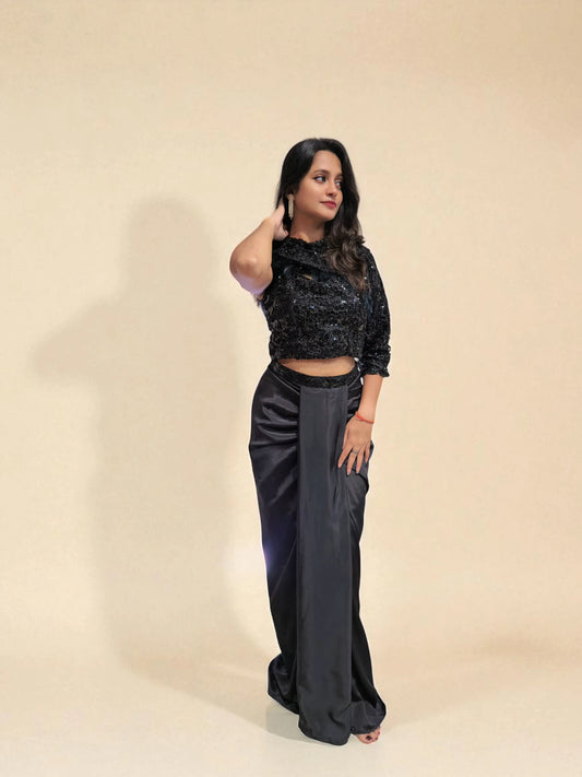 Black Indo-Western party wear outfit with crop top and skirt from ambika boutique