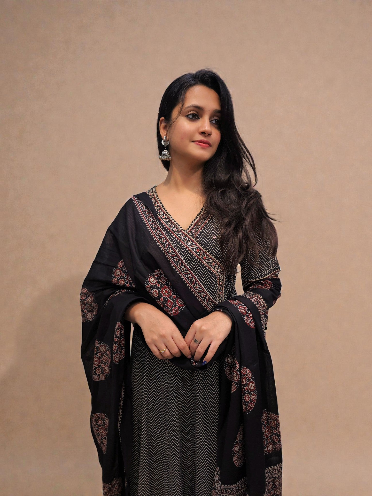 Black printed anarkali kurta with matching dupatta