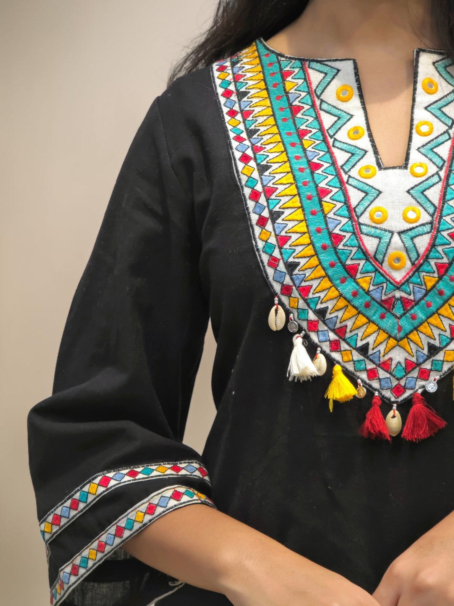 Multicolor embroidered black summer cord set with tassels