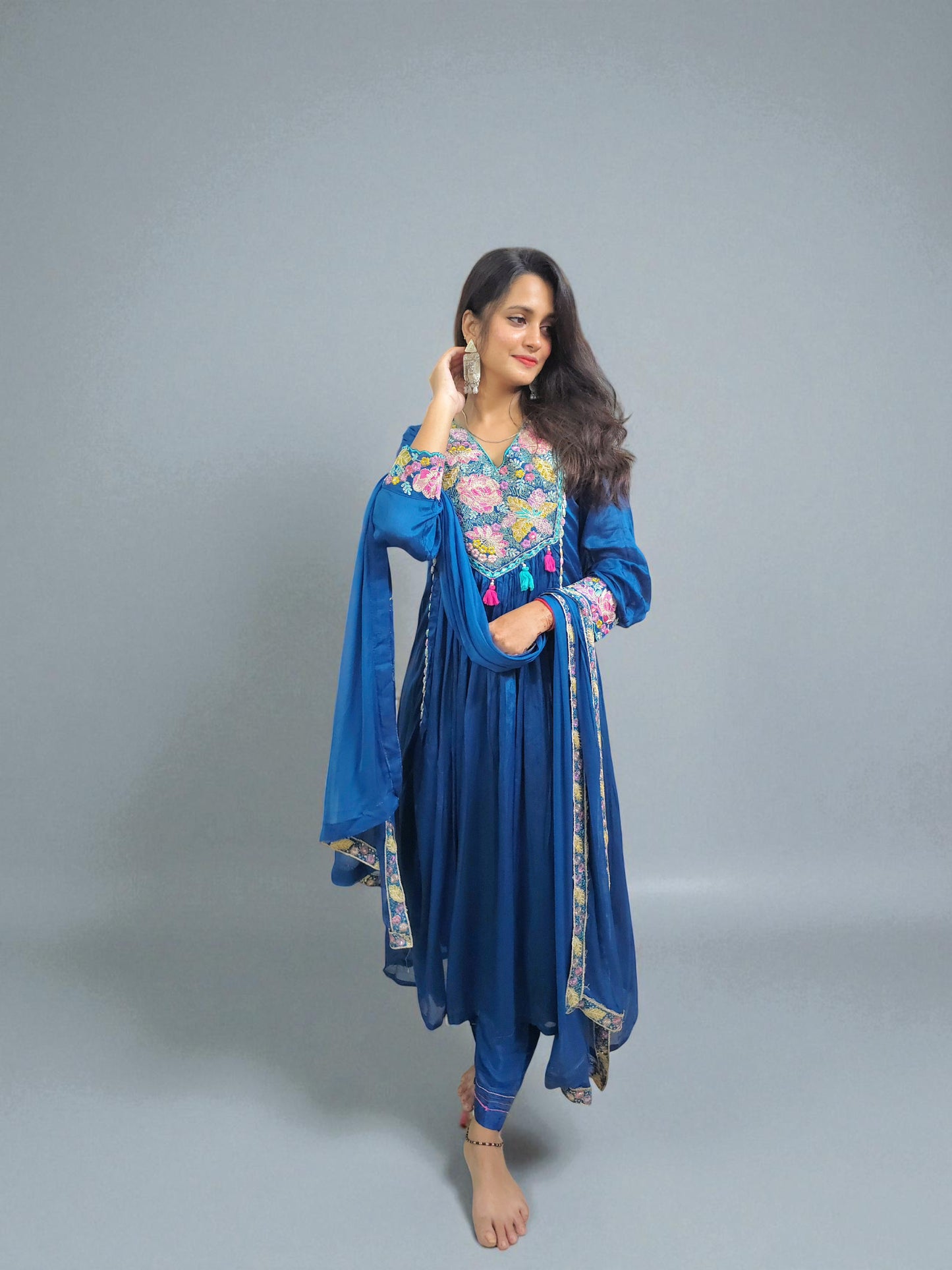 Blue chinnon silk A-line kurta set with hand embroidery – Ambika Boutique