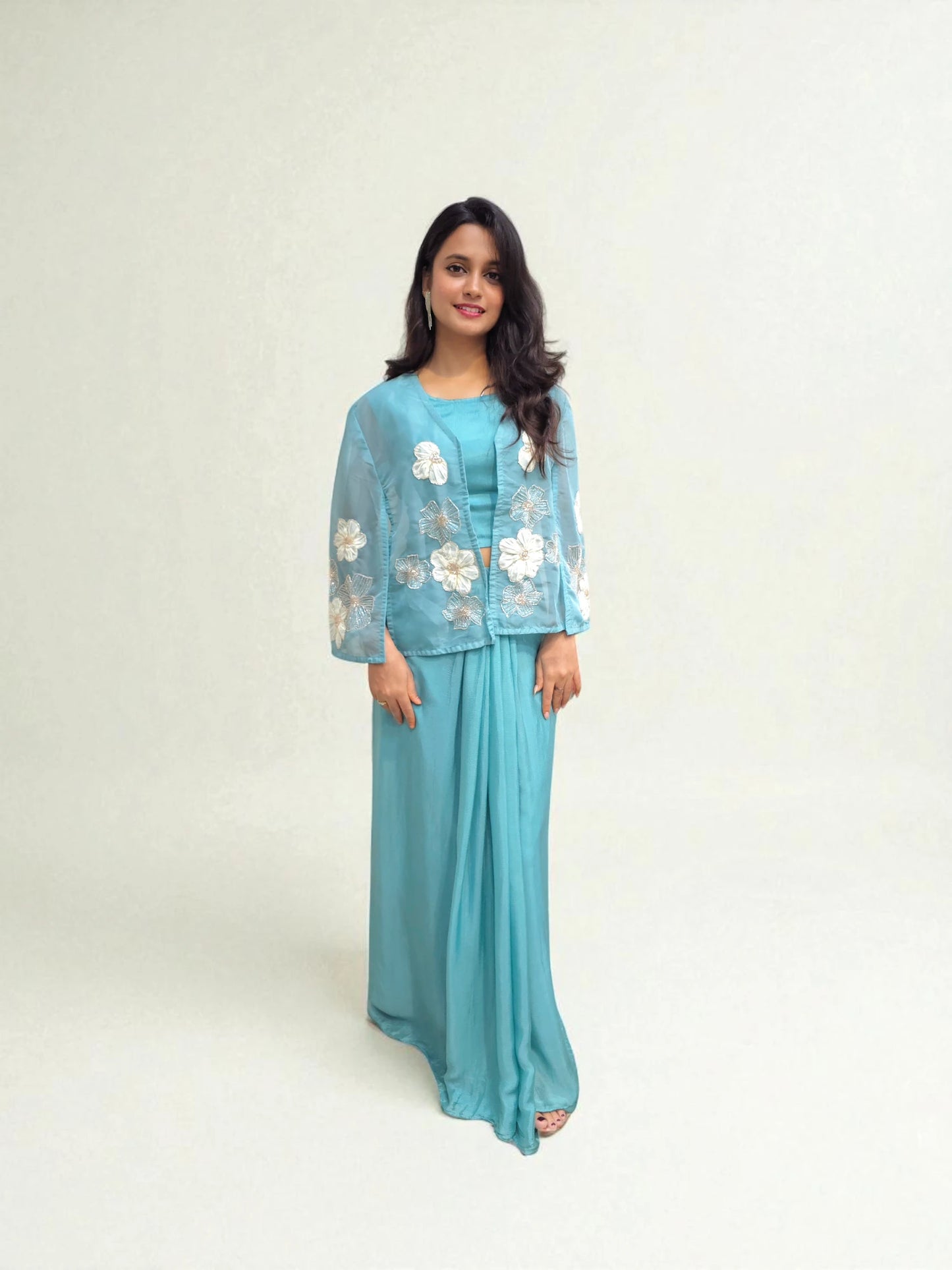 Blue Crop Top with Dhoti Skirt & Organza Shrug – Designer Ethnic Wear | Ambika Boutique