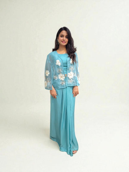 Blue Crop Top with Dhoti Skirt & Organza Shrug – Designer Ethnic Wear | Ambika Boutique