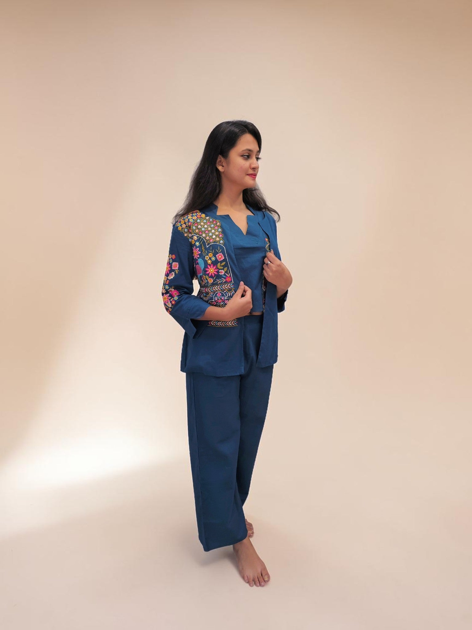 Blue embroidered 3 piece cord set with floral jacket and pants