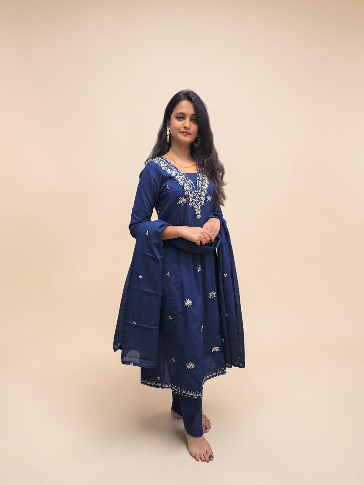 Blue embroidered A line cotton kurta set with dupatta for women
