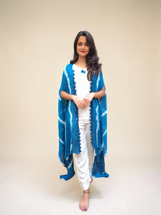 Designer Indo-Western blue Leheriya dress for festivals