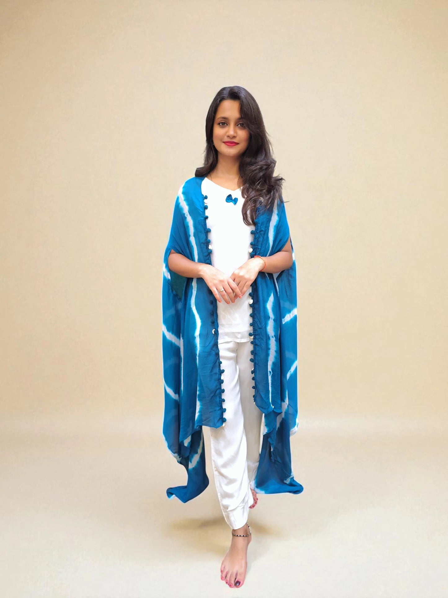 Designer Indo-Western blue Leheriya dress for festivals 
