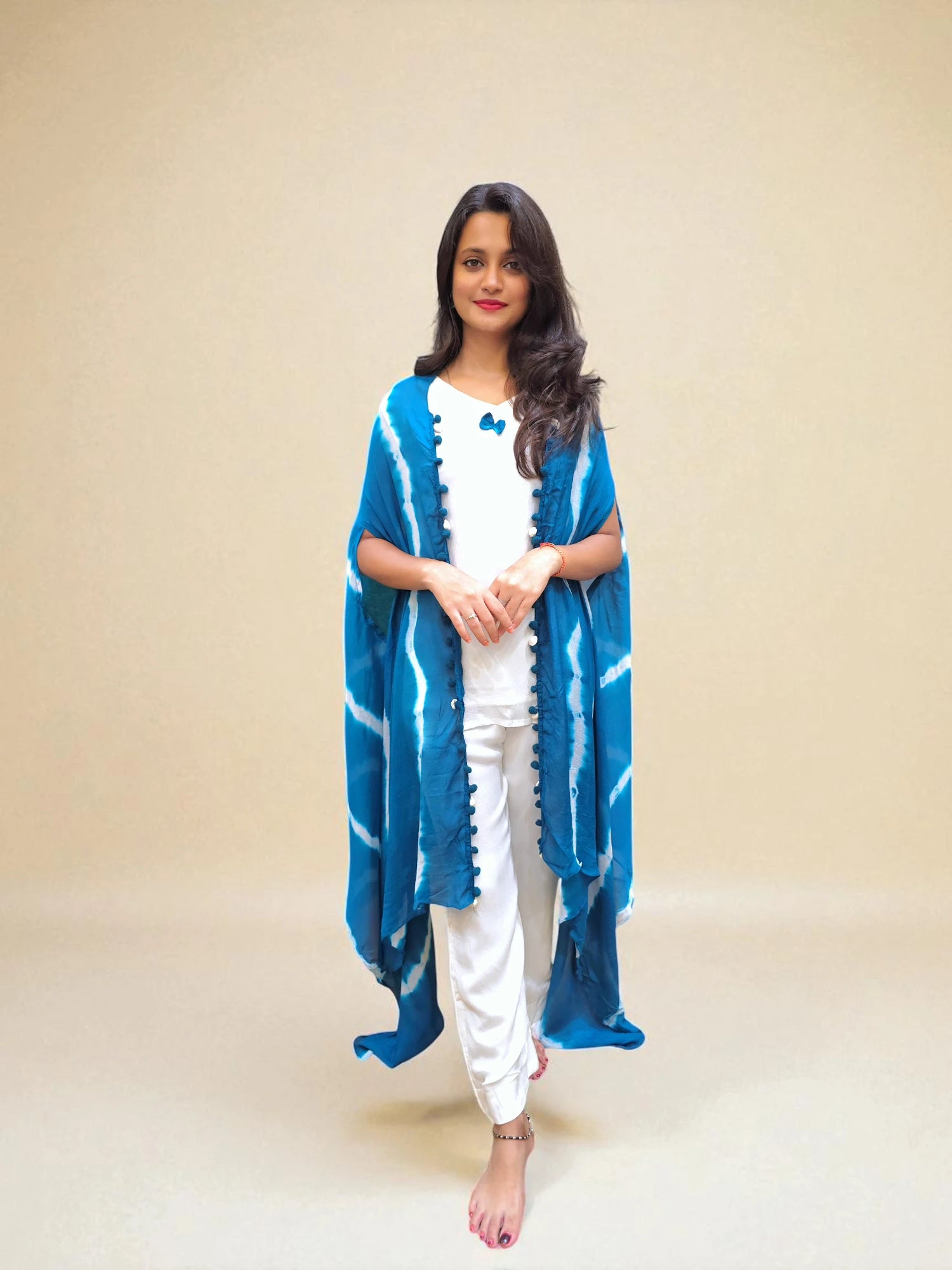 Designer Indo-Western blue Leheriya dress for festivals 