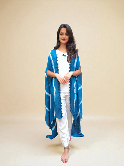 Designer Indo-Western blue Leheriya dress for festivals 