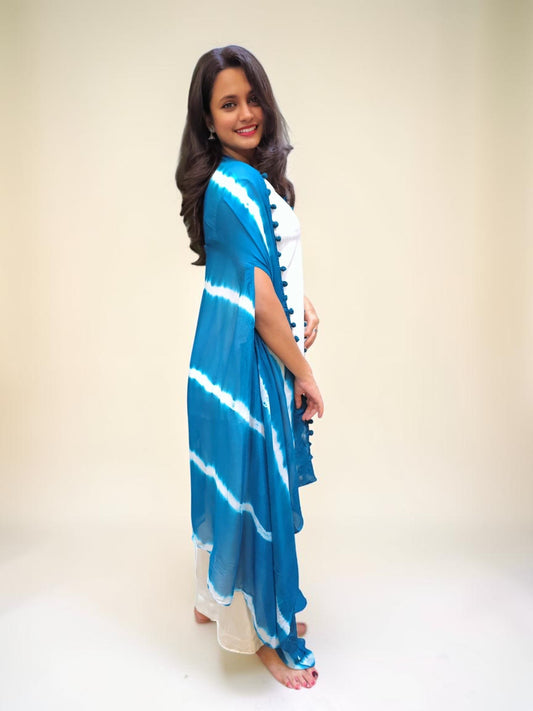 Blue and white Leheriya Indo-Western outfit for women