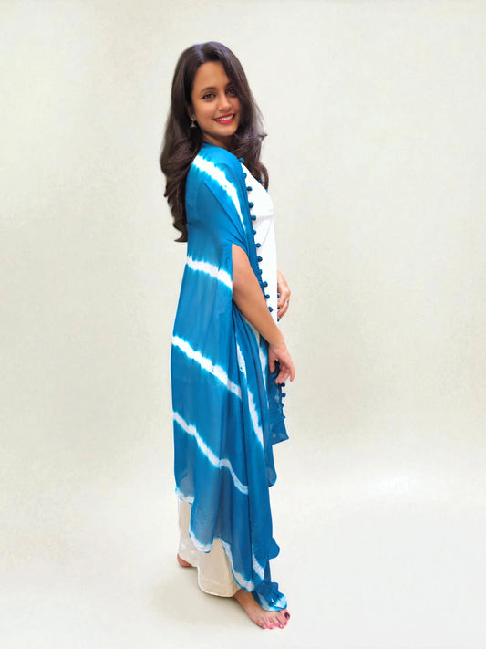 Blue and white Leheriya Indo-Western outfit for women