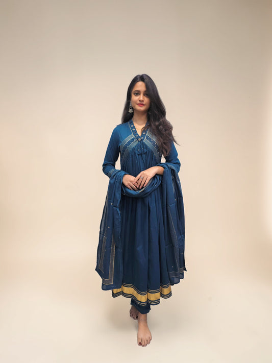 Blue mirror work Anarkali cotton kurta set with dupatta for women