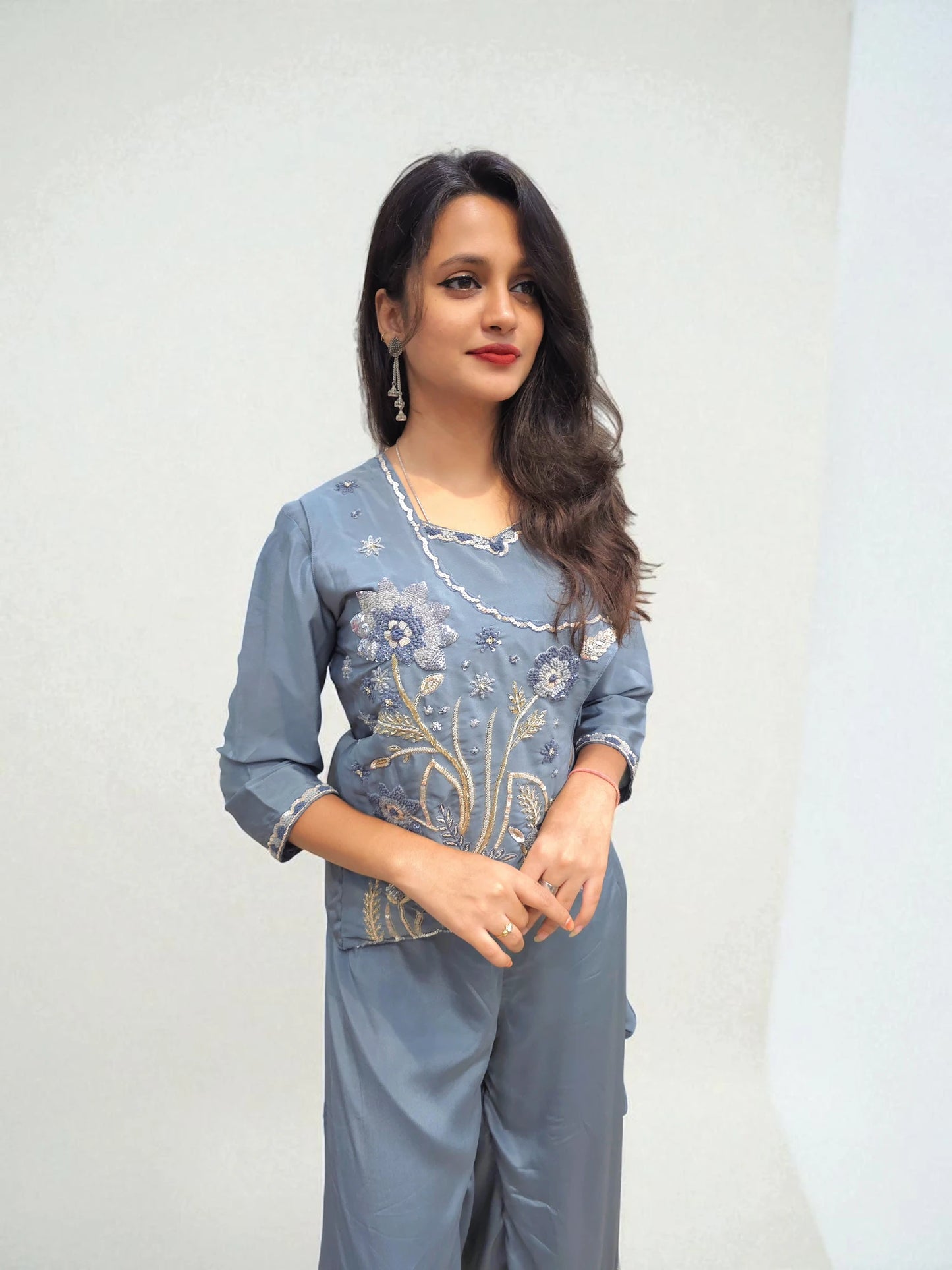 Blue embroidered co-ord set for women with floral detailing