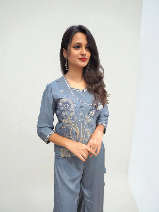 Blue embroidered co-ord set for women with floral detailing