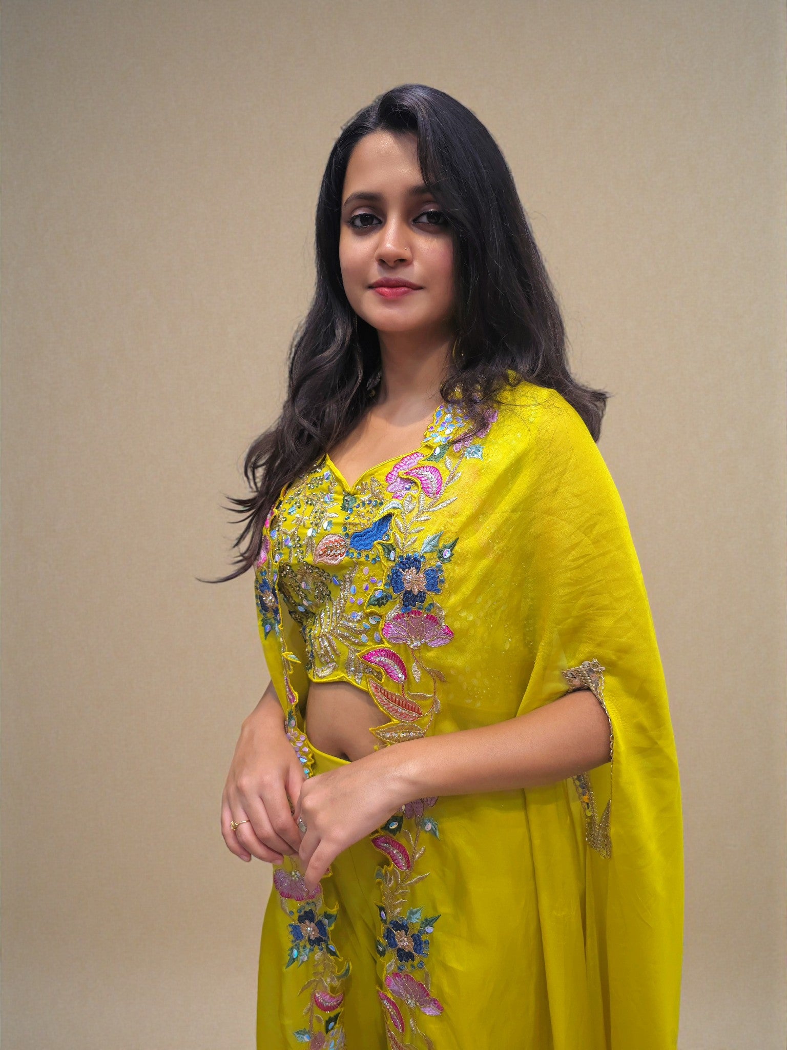 Bright yellow crop top palazzo with shrug for haldi and mehendi