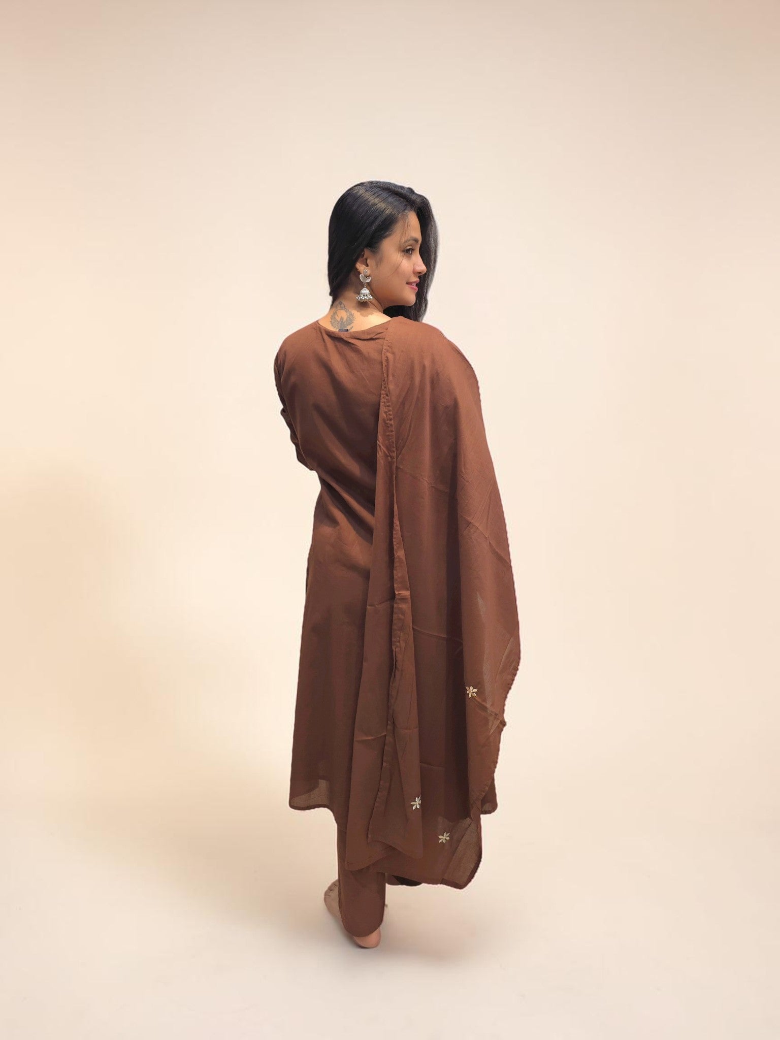 Comfortable brown Mul Cotton kurta pant set with dupatta