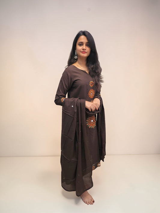 Brown embroidered cotton kurta set with dupatta for women