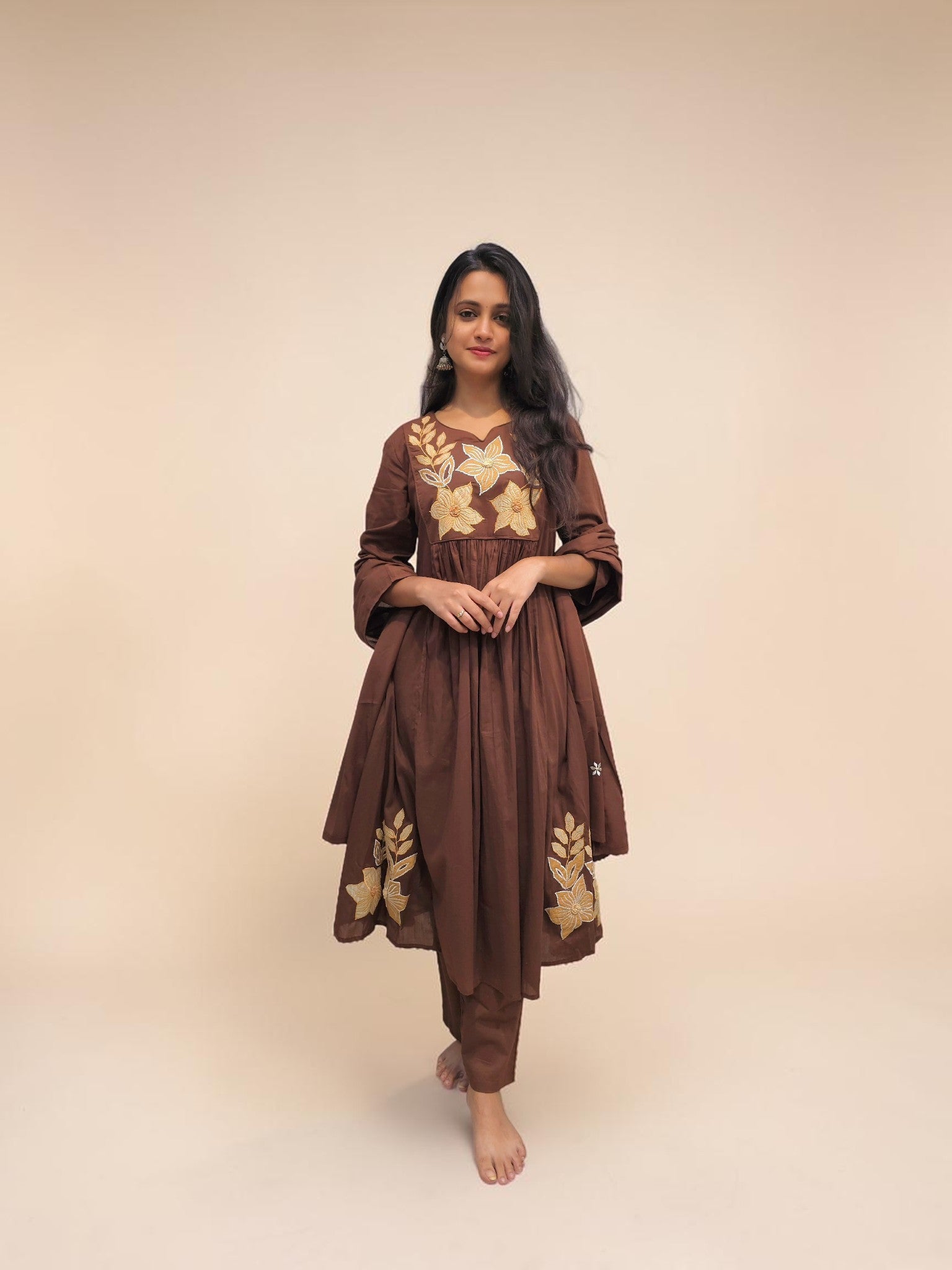 Brown Mul Cotton suit set with floral embroidery and matching dupatta