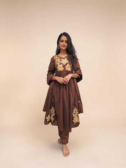 Brown Mul Cotton suit set with floral embroidery and matching dupatta