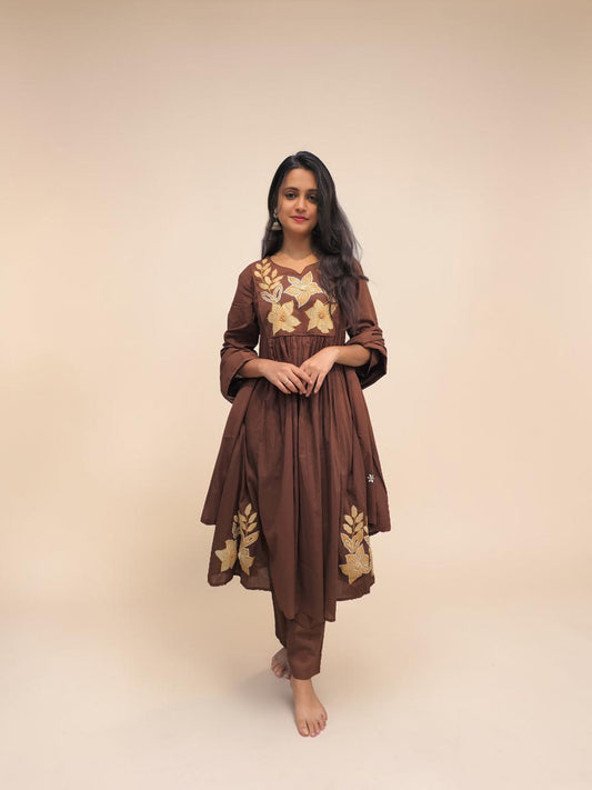 Brown Mul Cotton suit set with floral embroidery and matching dupatta