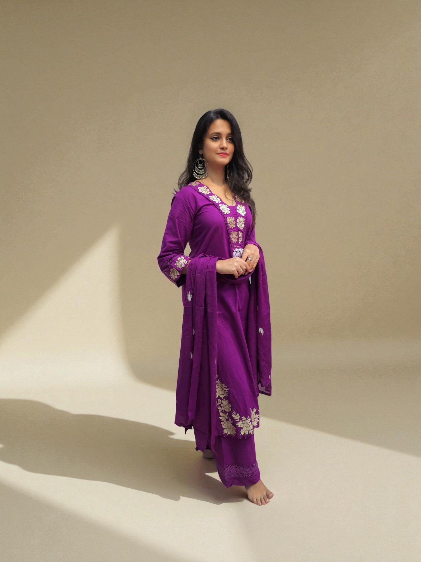 Office wear cotton suit set with golden embroidery in purple