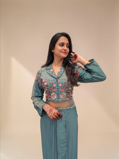 Designer green tulip skirt with heavy embroidery work