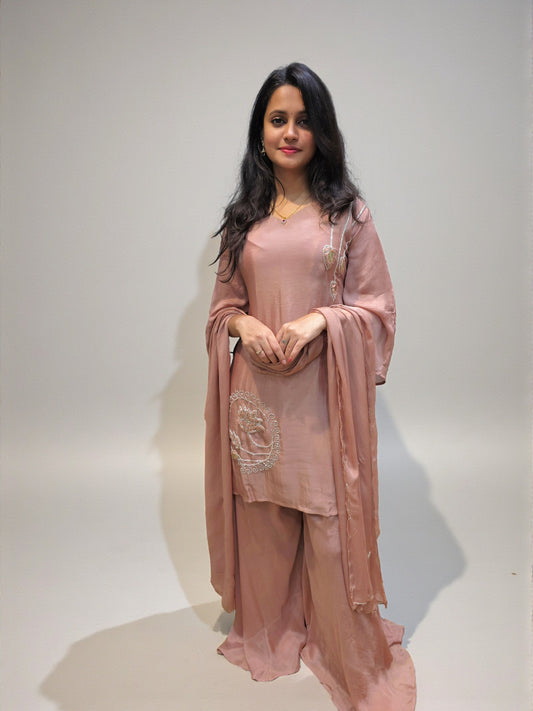 Pure chinnon chocolate hand embroidered short kurta palazzo suit