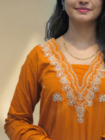Close-up view of Comfortable A line cotton kurta set with embroidery for women