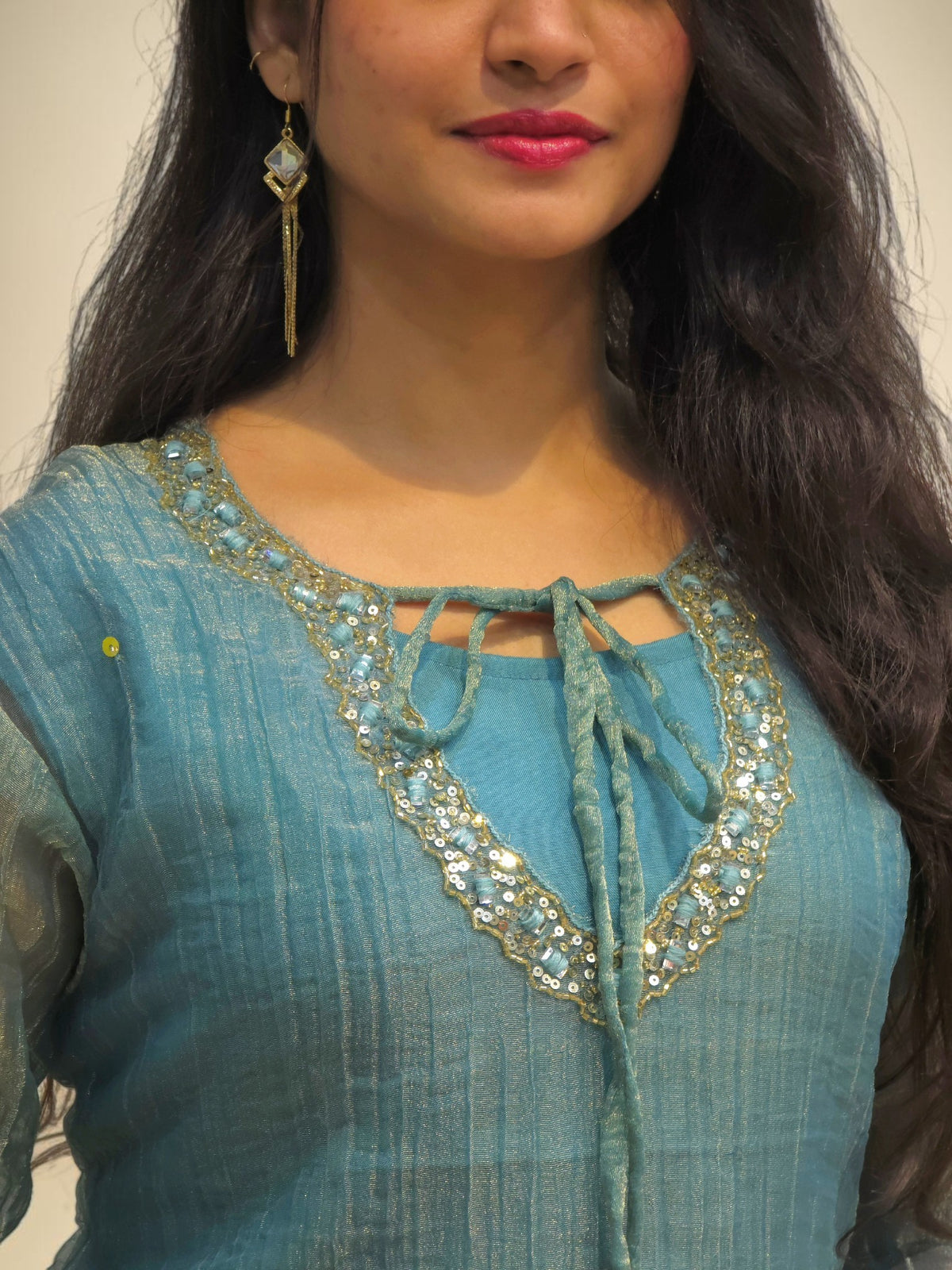 Close up of Premium teal blue designer cord set for women