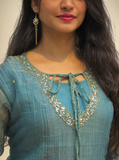 Close up of Premium teal blue designer cord set for women