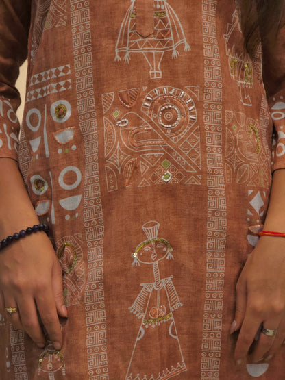 close up of Premium rust brown printed handwork cotton outfit for women