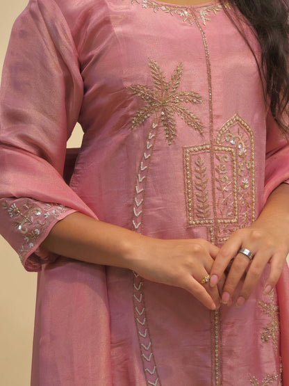 close view of  Pink designer kurta palazzo set with embroidered dupatta