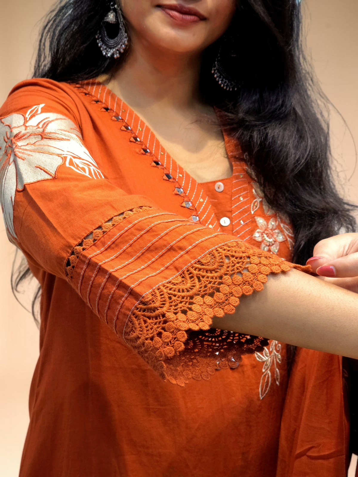 Cotton ethnic wear with dupatta in rust orange color