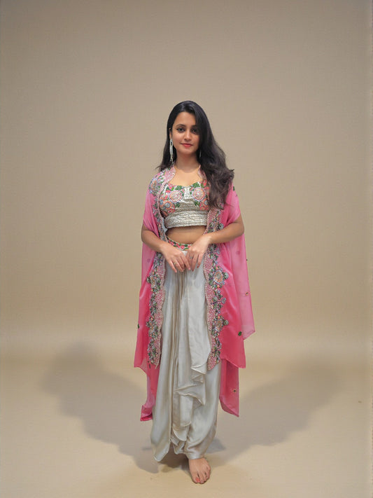 Embroidered crop top dhoti skirt with sheer pink shrug for women