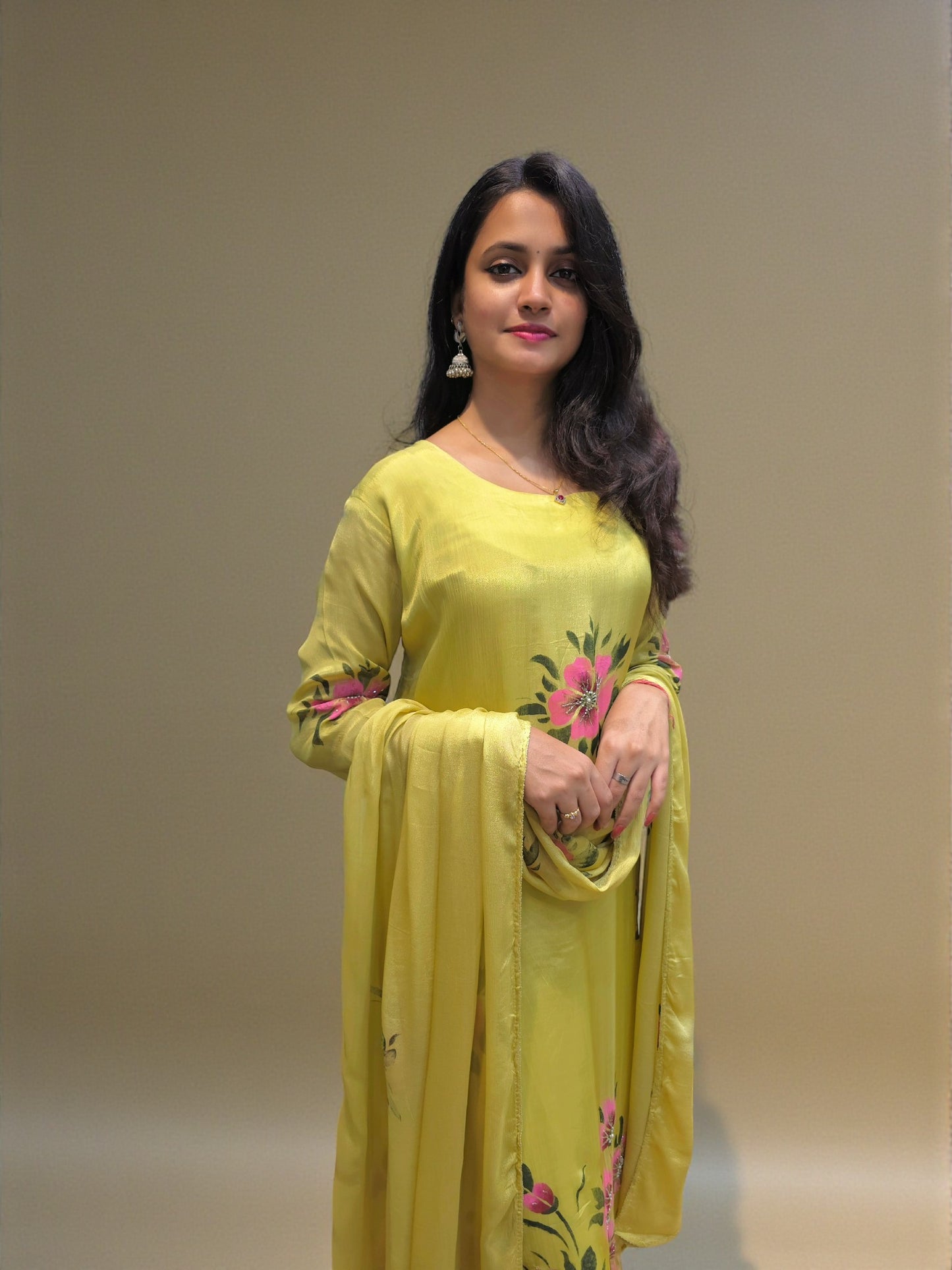 Designer pure chinnon A-line kurta set with floral handwork print