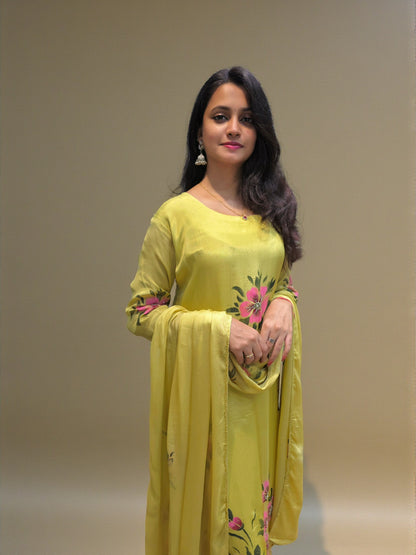 Designer pure chinnon A-line kurta set with floral handwork print