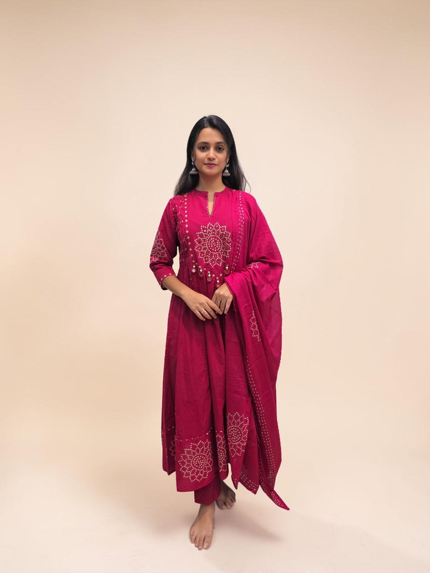 Women's pink Bandhani printed cotton kurta set with dupatta