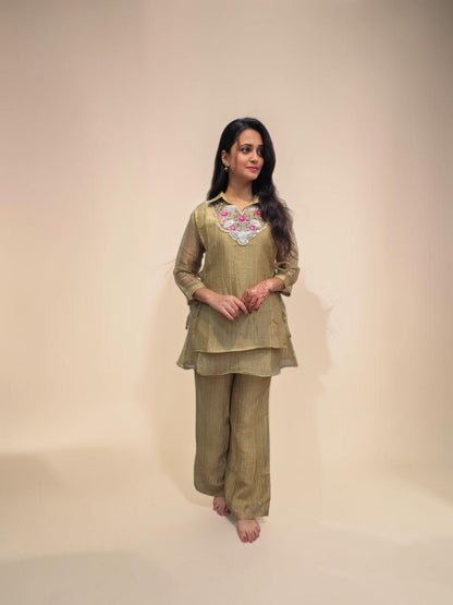 Designer beige 3 piece cord set for women with floral handwork
