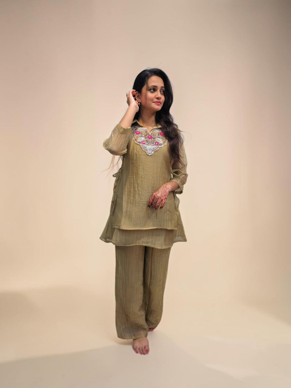 Women's beige designer kurta and pants cord set