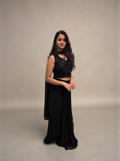 Handwork black crop top dhoti skirt with dupatta