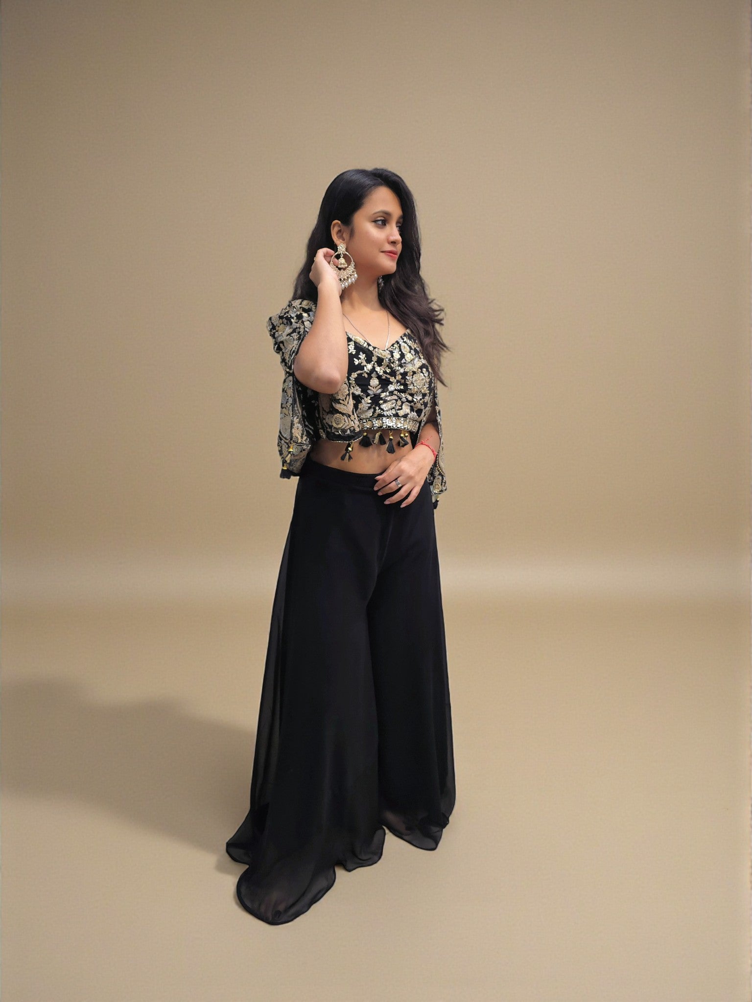 Black crop top palazzo set for wedding and reception