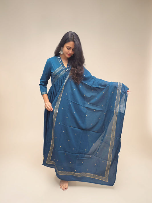 Designer Anarkali kurta set with mirror embroidery in blue color